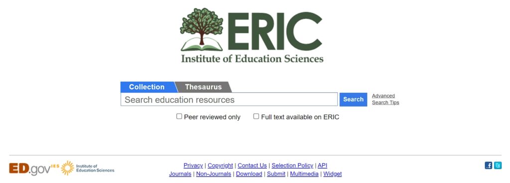 ERIC is an online library of education research and is sponsored by Institute of Education Sciences