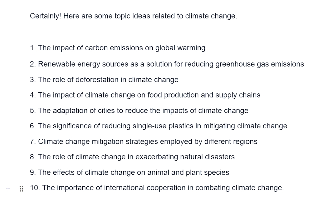 Blainy generated a list of 10 essay topic ideas on Climate Change