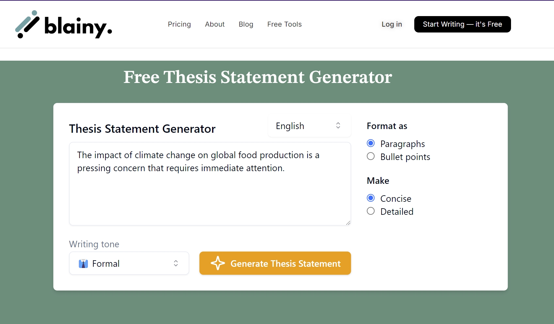 input your idea into the blainy thesis statement generator