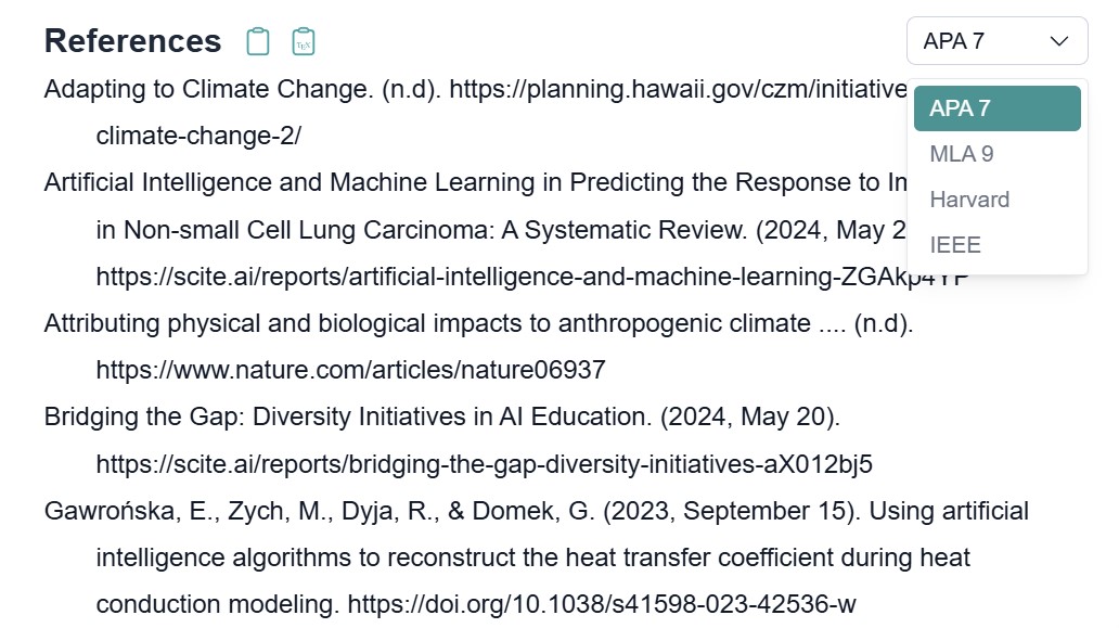 Blainy automatically ads references at the end in your desired citation style (APA 7, MLA 9, Harvard, IEE)