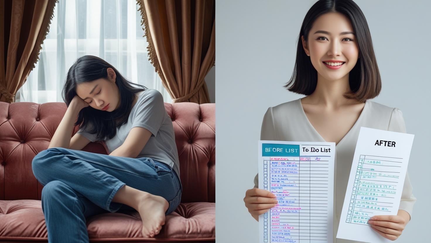 How to Stop Being Lazy A person transforming from sitting slouched on a couch to standing confidently with a completed to do list showing a before after visual me Lazy person being motivated