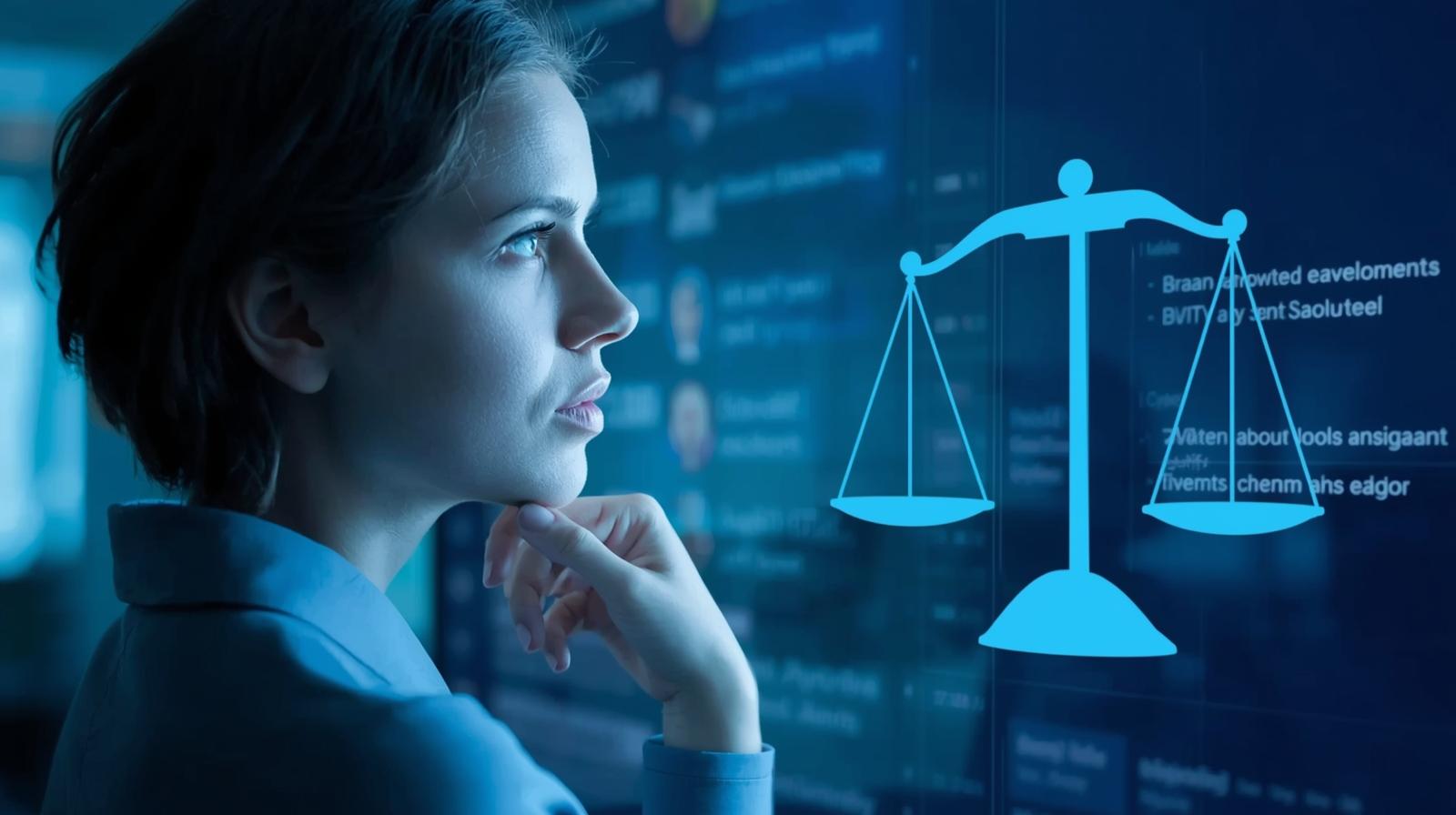 A person looking at job listings or weighing options on a scale