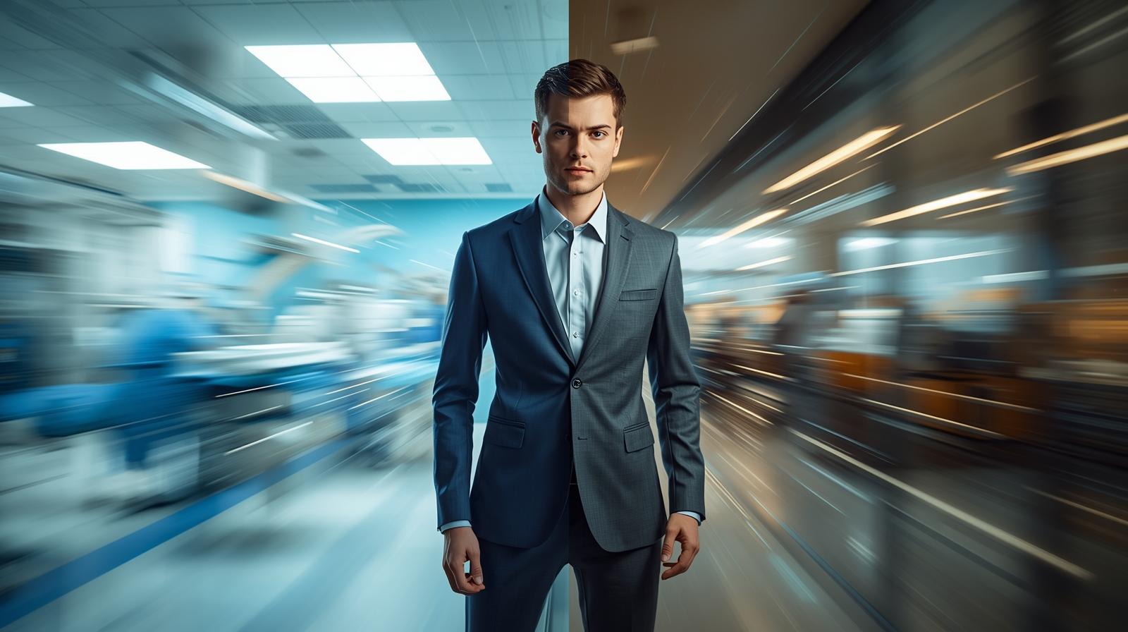 An image showing a person switching between two different work uniforms or environments