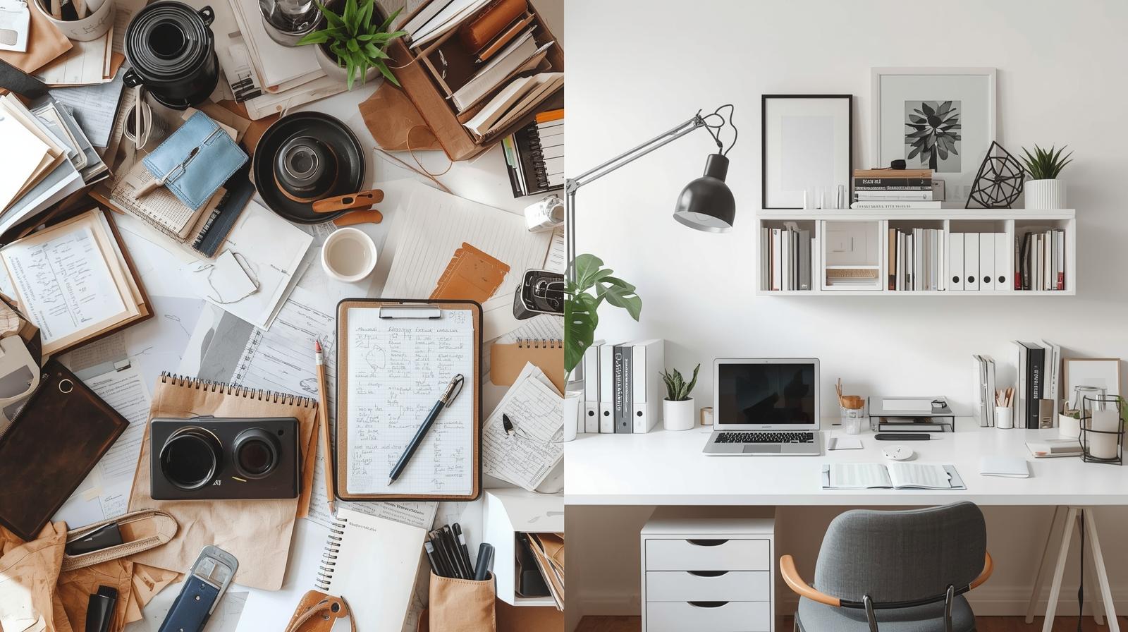 Before_after of cluttered vs. organized workspace designed for focus
