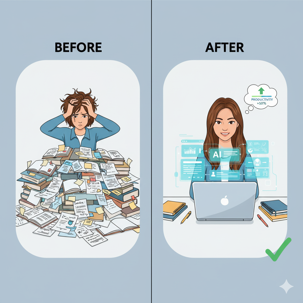 Beforeafter-comparison-showing-a-stressed-student-surrounded-by-papers-vs.-organized-student-efficiently-using-AI-tools-with-visible-improvement-in-productivity