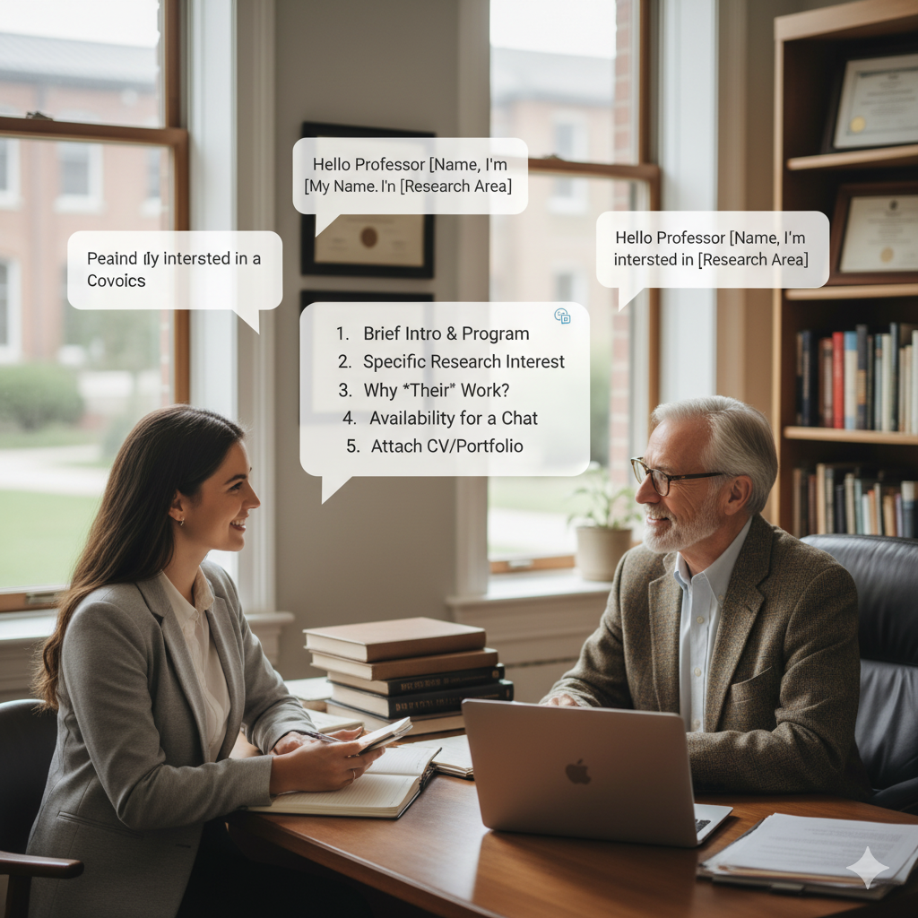Professional yet approachable graduate student meeting with a supervisor in an office setting, with speech bubbles showing key introduction points