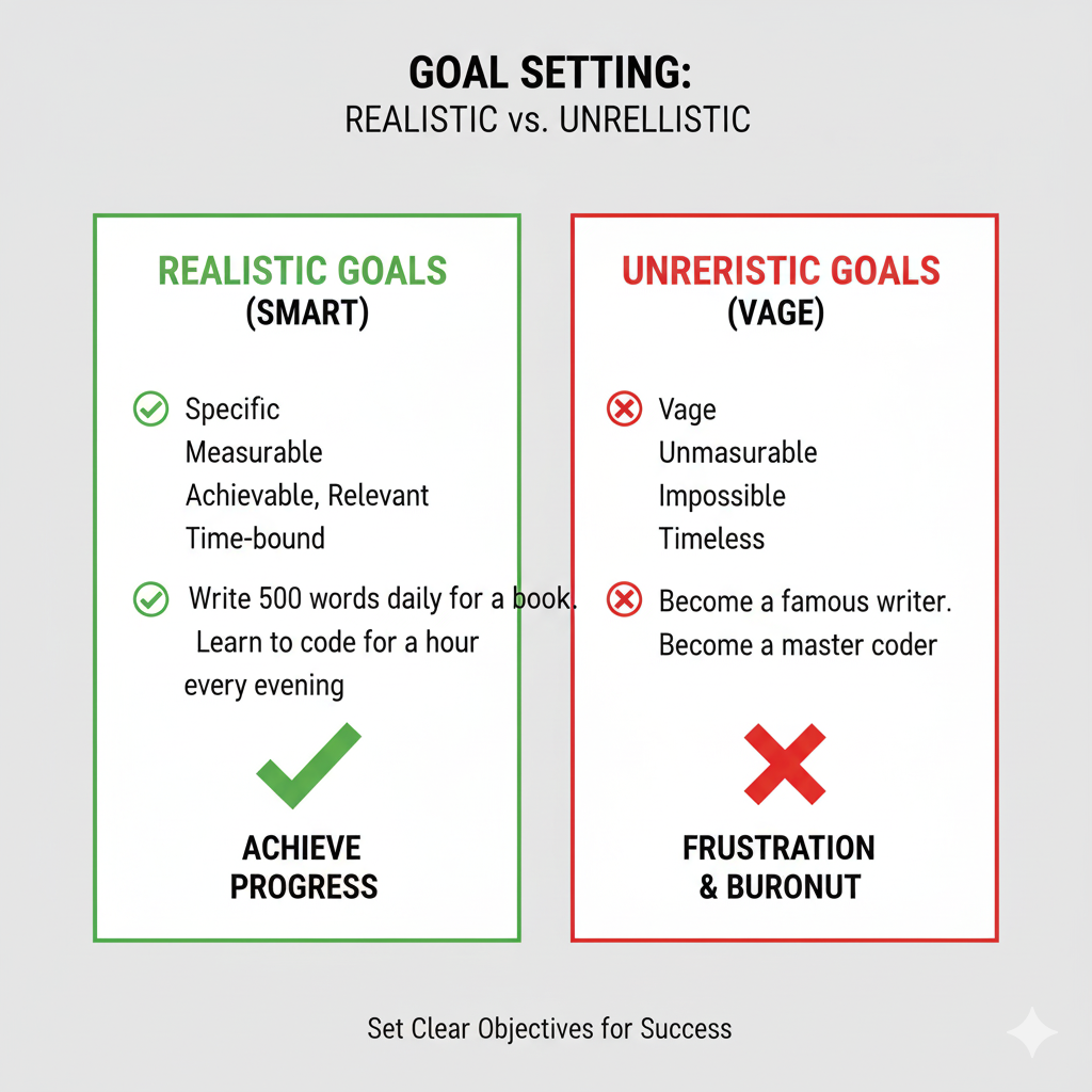 Comparison between realistic and unrealistic goals with examples
