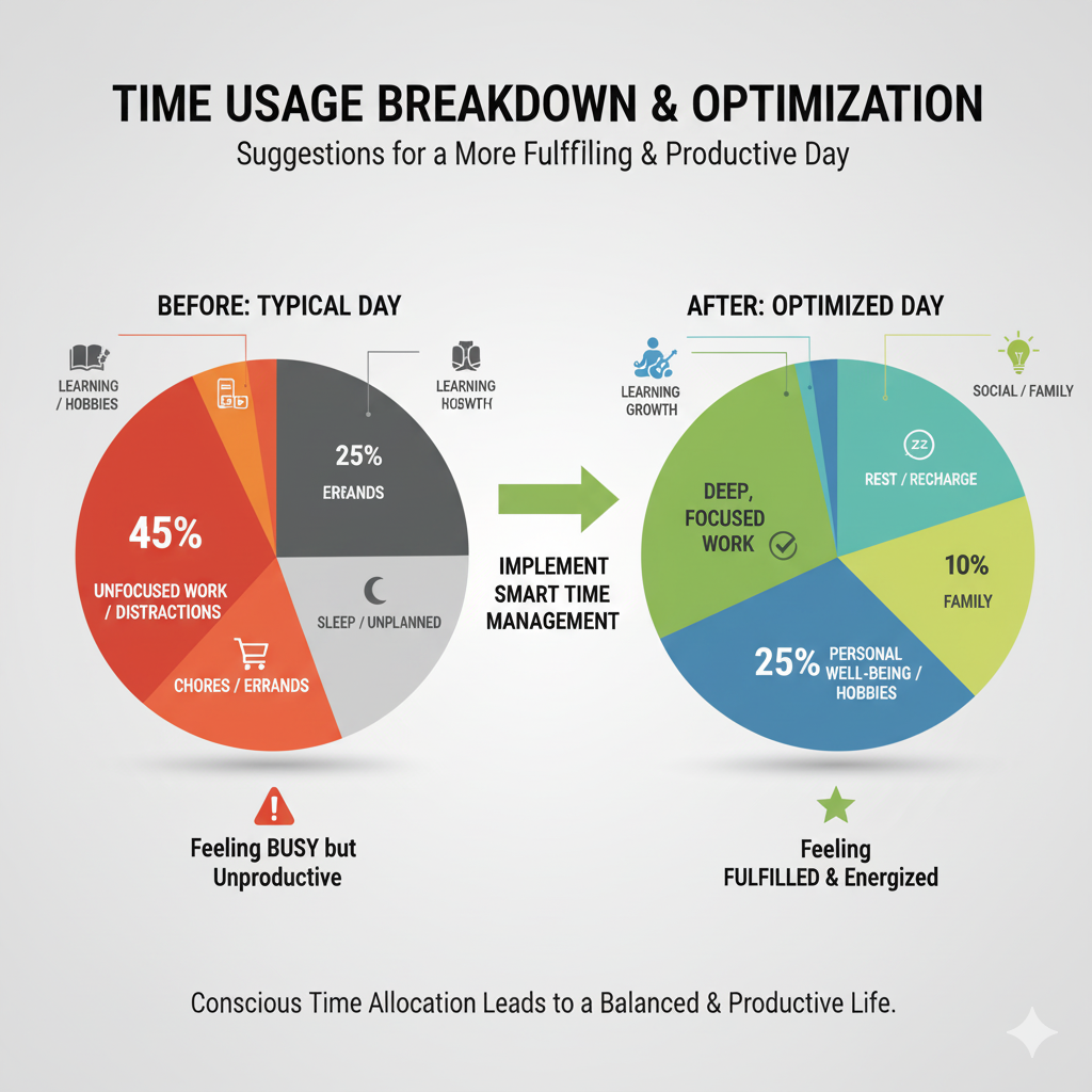 Breakdown of typical time usage with suggestions for improvement
