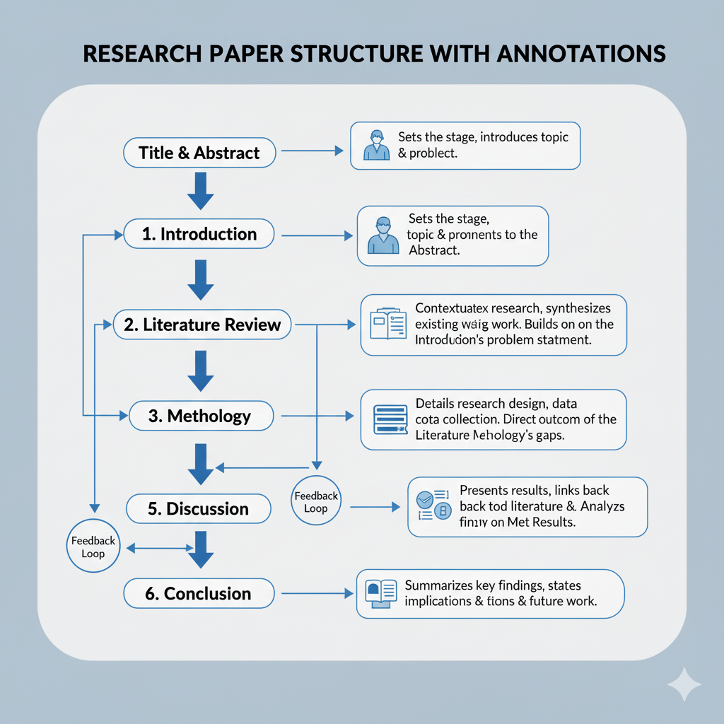 Example of a research paper outline with annotations showing how each section builds on previous ones