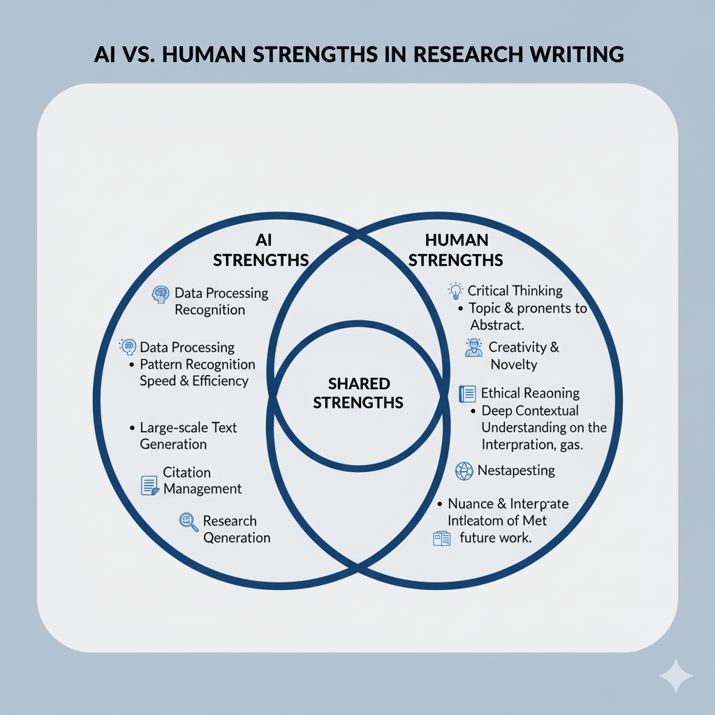 Venn diagram showing overlap between AI strengths and human strengths in research writing