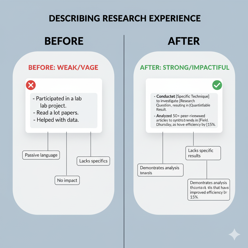 Before/after examples of how to describe research experience effectively