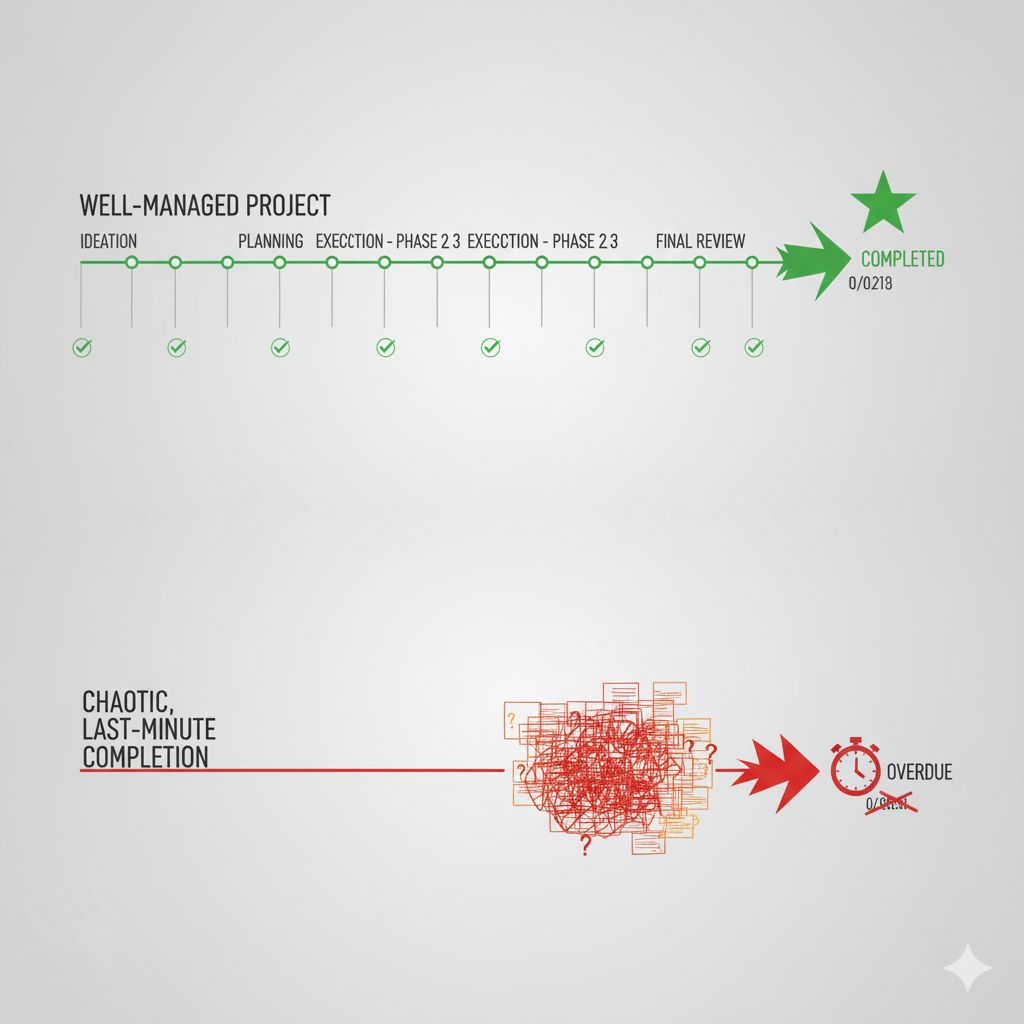 Project with well-managed milestones vs chaotic last-minute completion