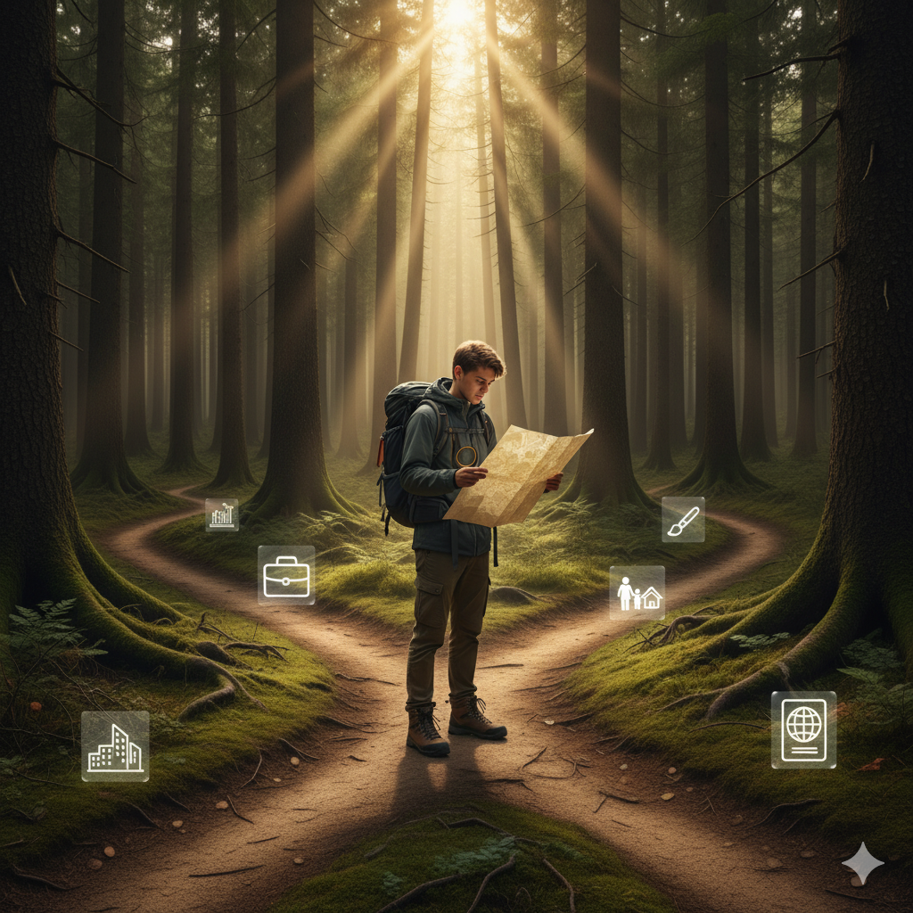 Person standing at crossroads with multiple path options, looking at a compass and map