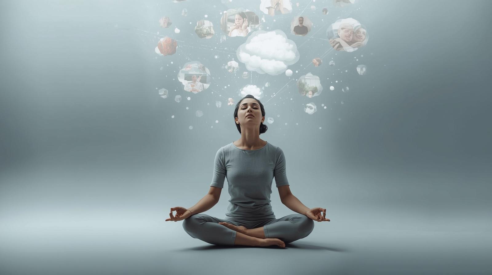 Person meditating with thought bubbles being acknowledged then released