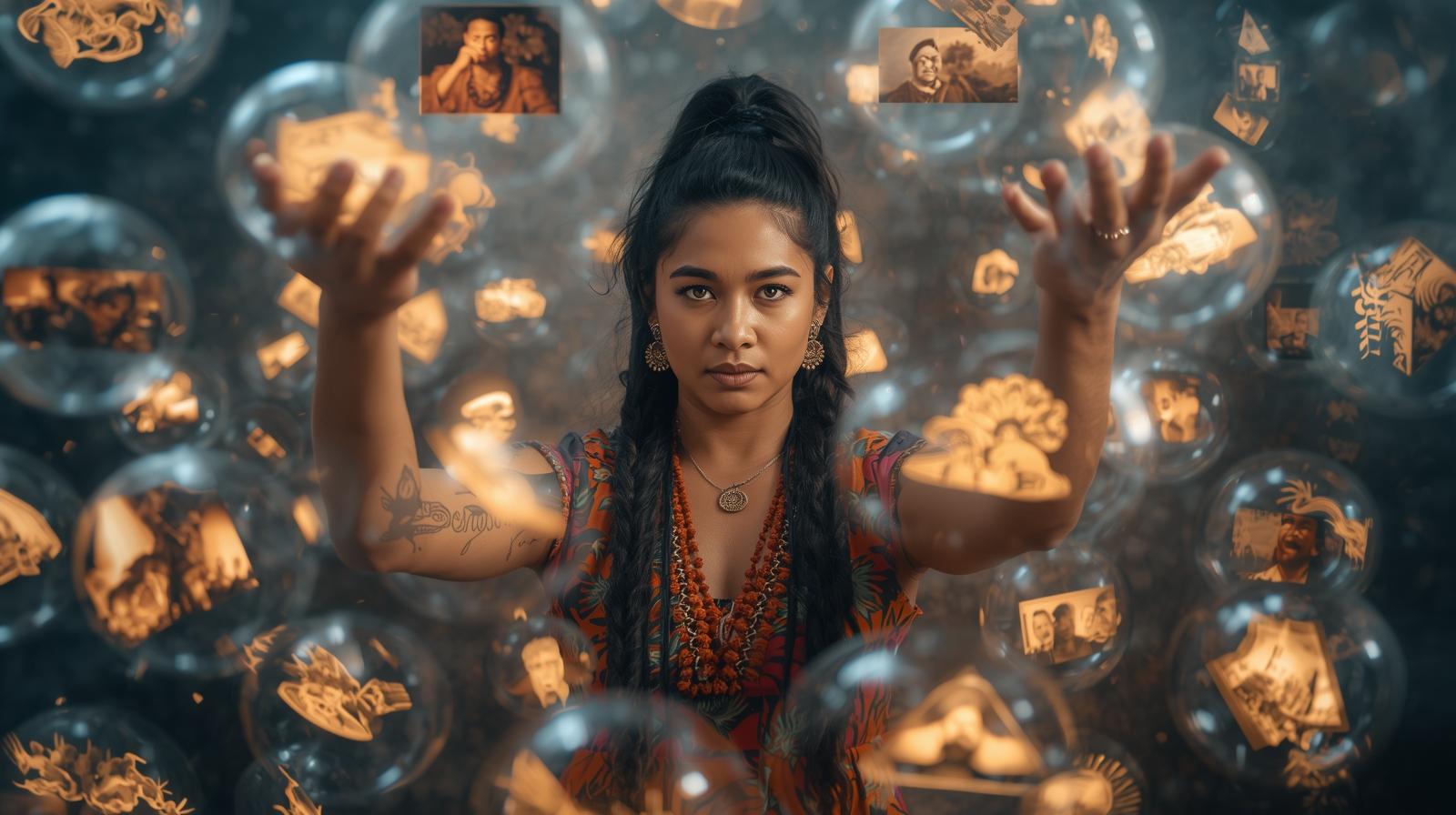 Person with thought bubbles floating away, then collecting them back with focus and determination