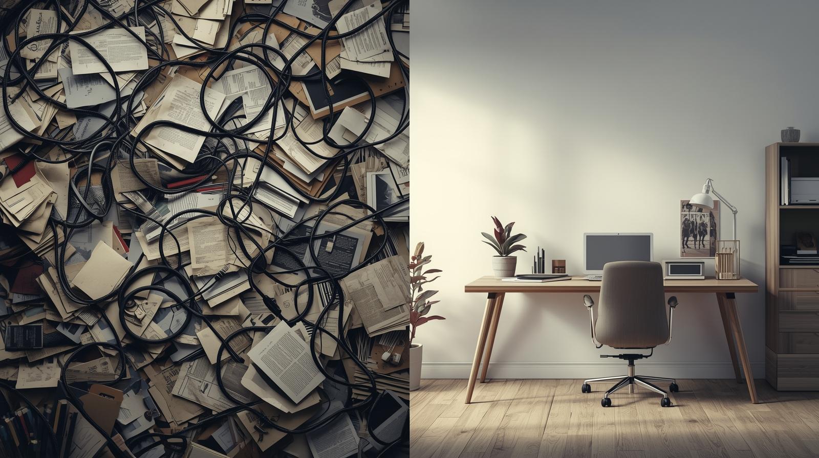 Split image of cluttered workspace vs. organized, inviting workspace.jpg