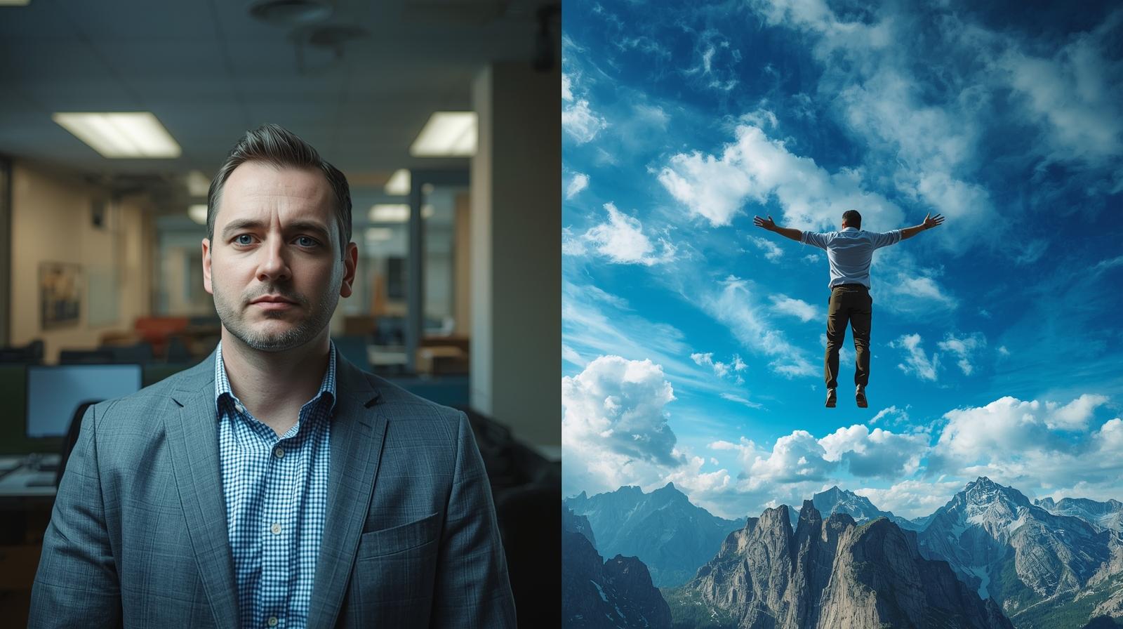 Split-screen showing person in reality vs. their elaborate fantasy world, illustrating the disconnect
