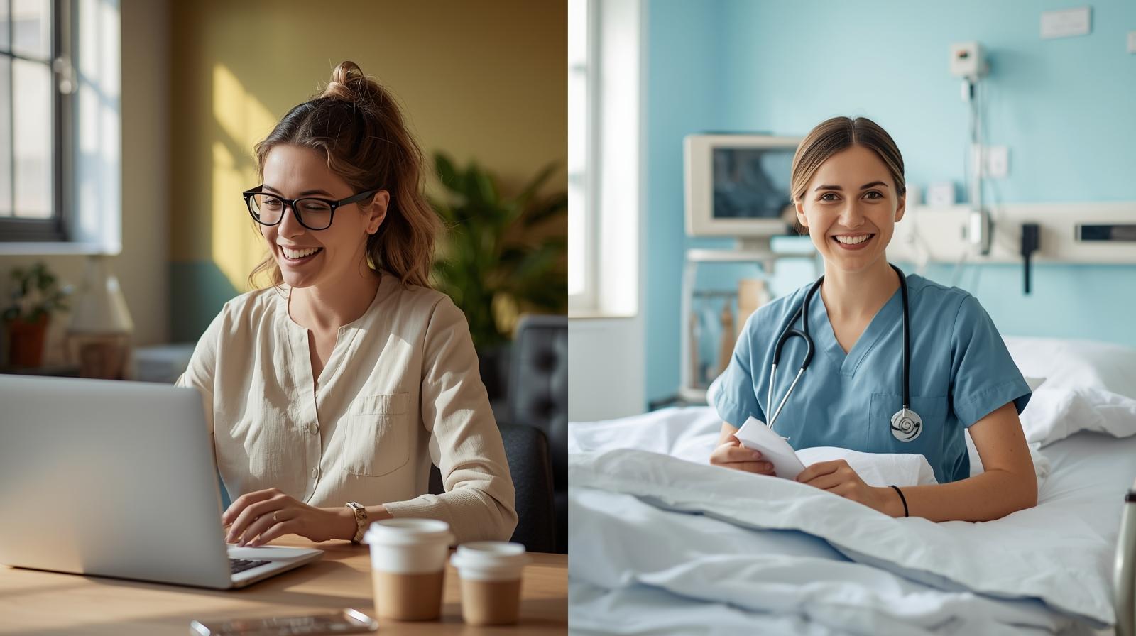 an image showing a women working as a freelancer in a different environment and working as a nurse in a different environment.