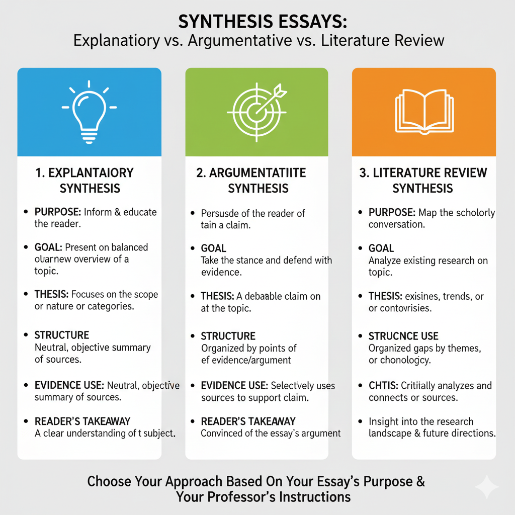 A comparison chart showing the key differences between explanatory, argumentative, and literature review synthesis essays