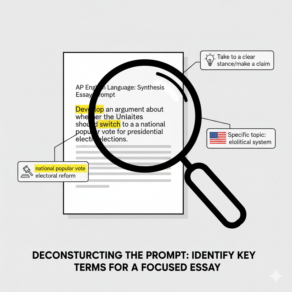 A magnifying glass over an assignment prompt with key terms highlighted