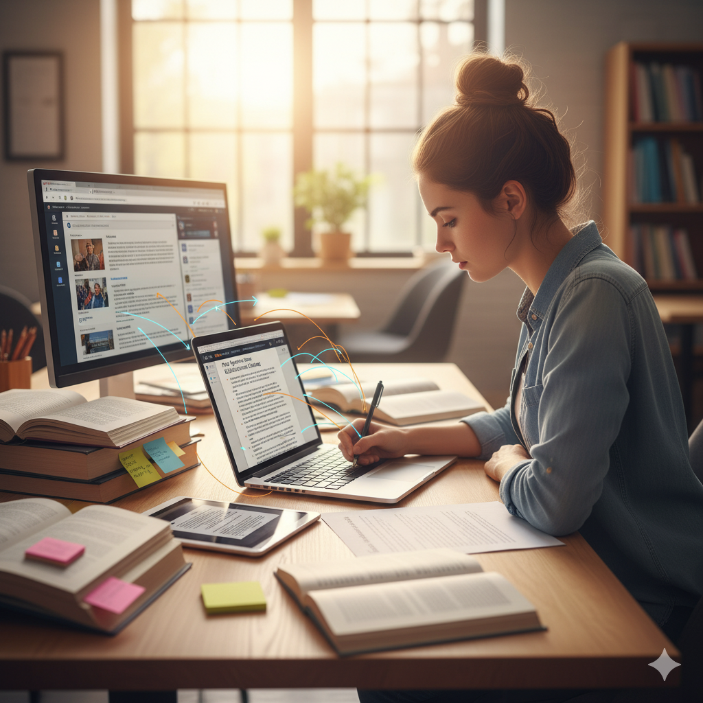 A student confidently writing a synthesis essay with source materials organized around them and a completed essay taking shape