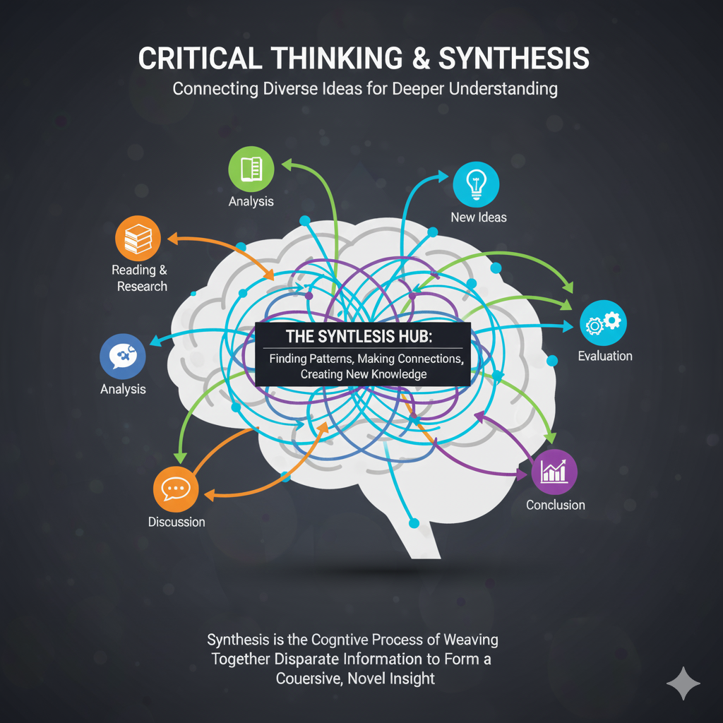A brain graphic with connecting nodes representing how synthesis works in critical thinking