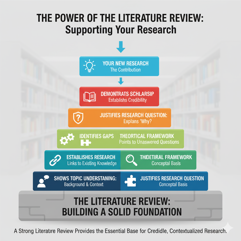 Foundation/building blocks graphic showing how literature review supports research