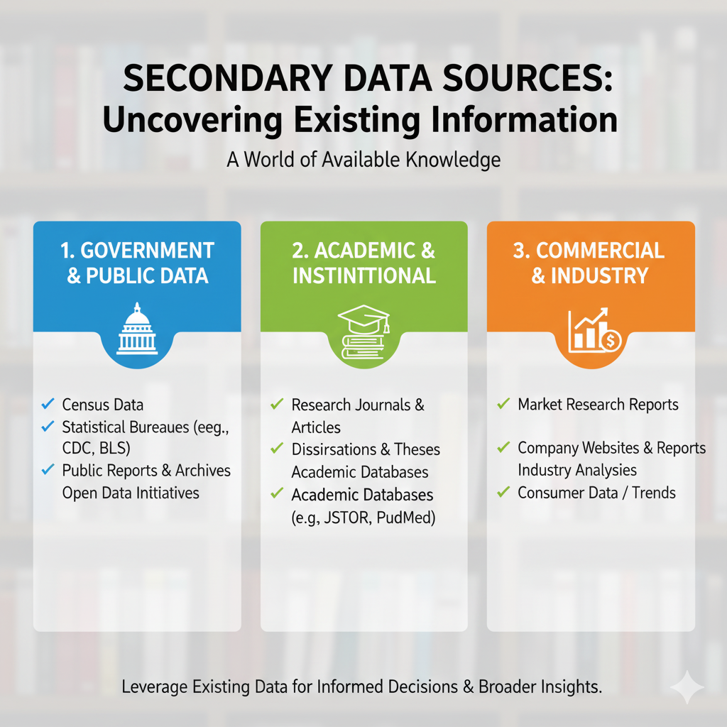 Graphic showing different sources of secondary data with icons for government, academic, and commercial sources