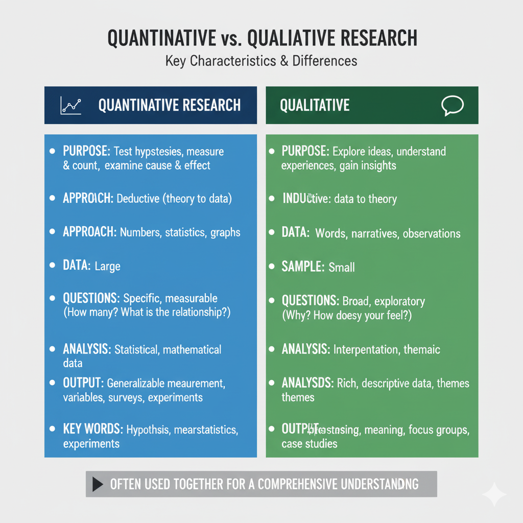 Comparison chart showing quantitative vs. qualitative research with key characteristics of each