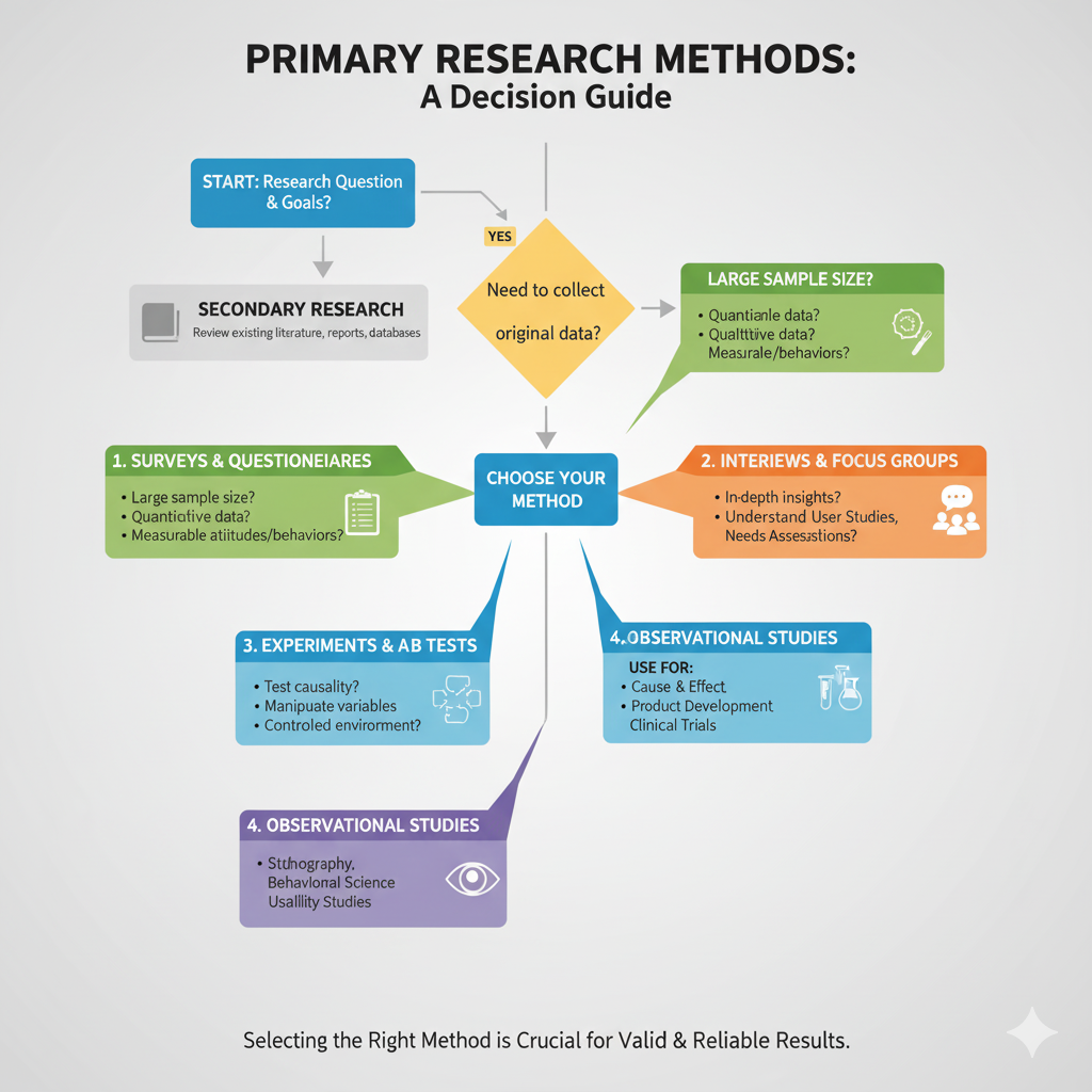 Flowchart showing the different primary research methods and when to use each one
