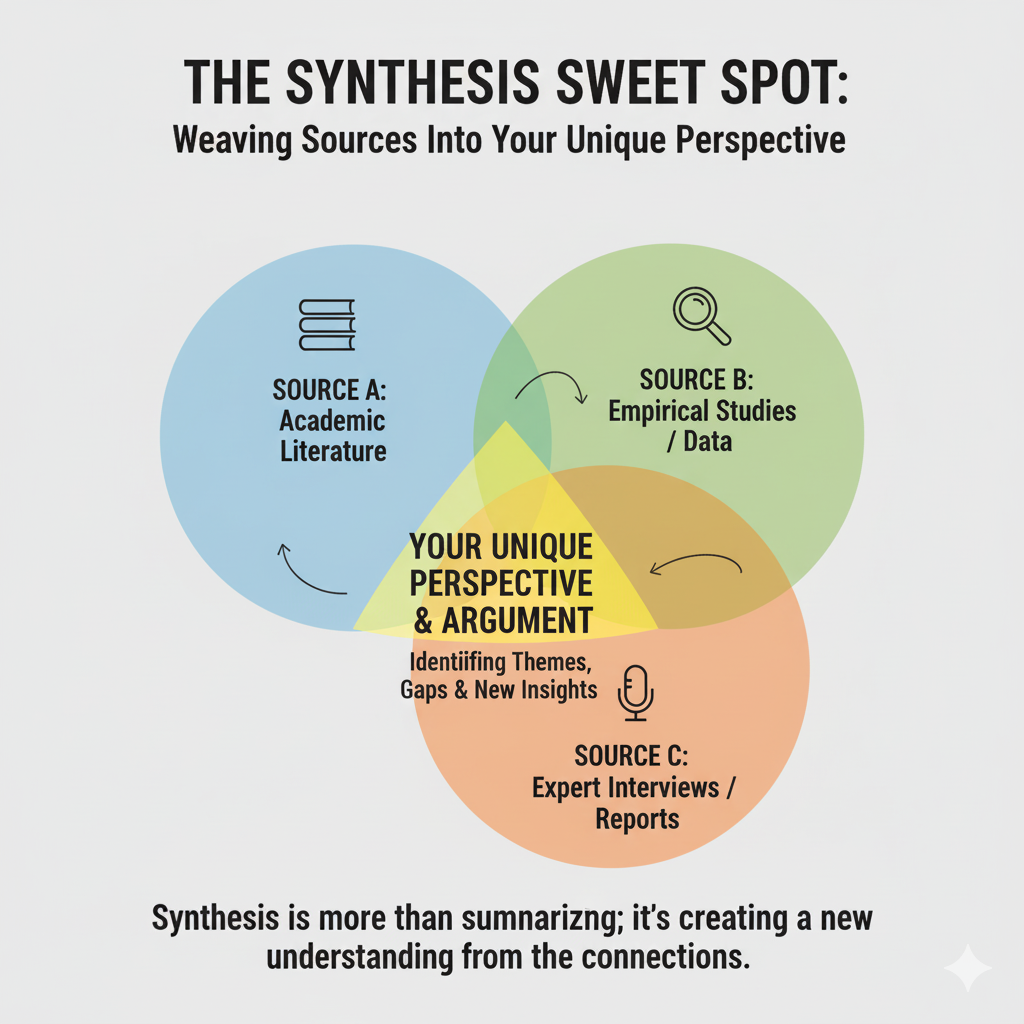 Venn diagram showing how multiple sources overlap to create a synthesis, with the center area highlighted as "Your Unique Perspective"