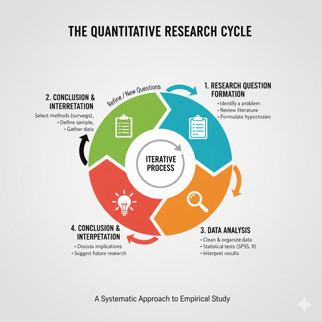 Infographic showing the cycle of quantitative research with icons for question formation, data collection, analysis, and conclusio