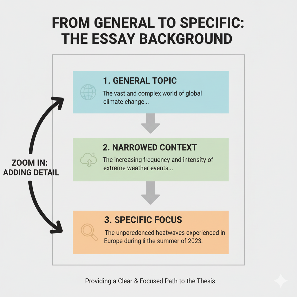 A "zoom in" graphic showing how background narrows from general topic to specific focus