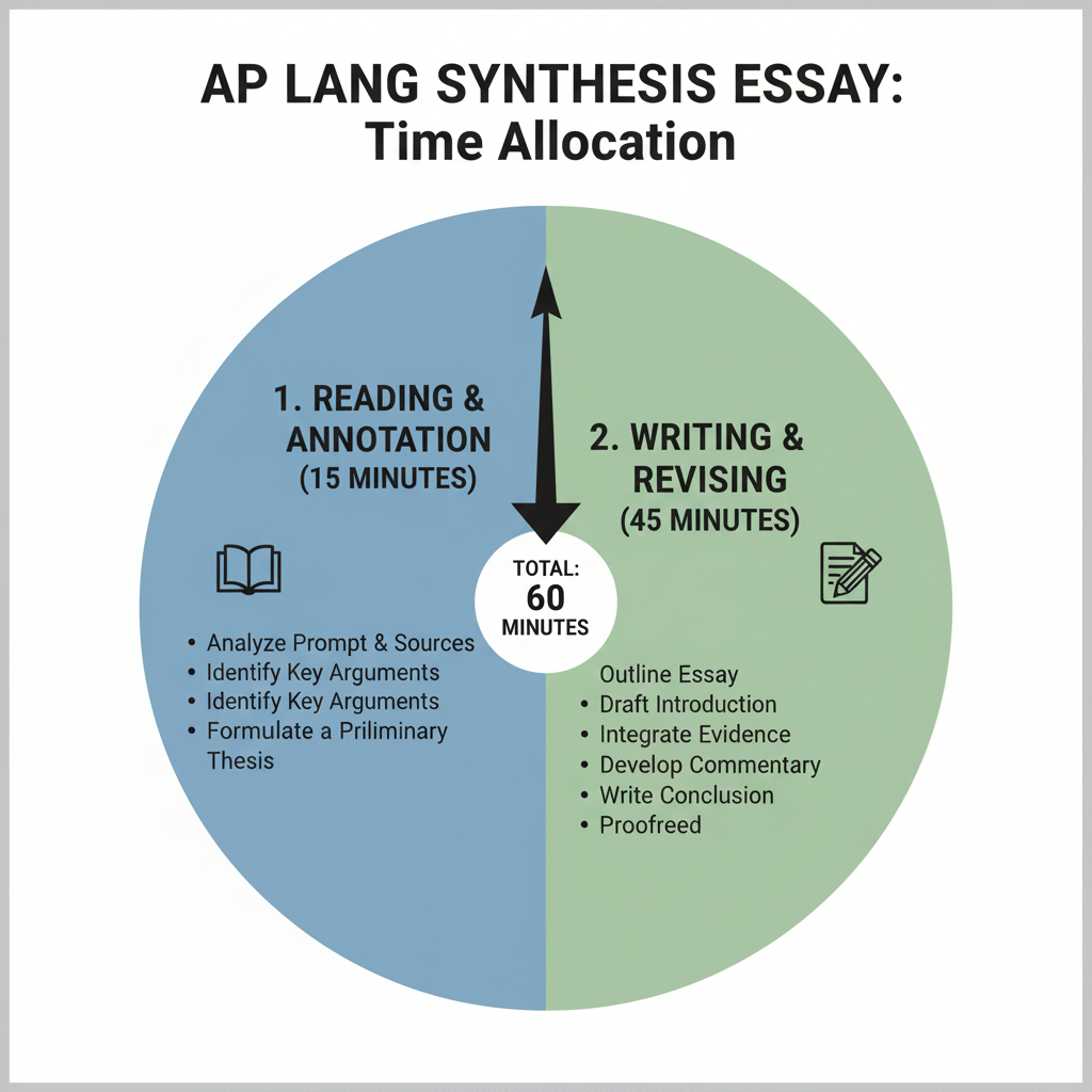 A clock showing the time breakdown for the AP Lang synthesis essay with reading and writing periods marked