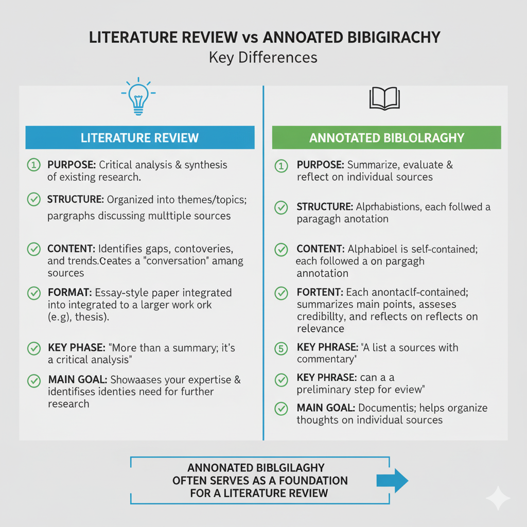 Comparison chart showing differences between literature review and annotated bibliography with key features of each
