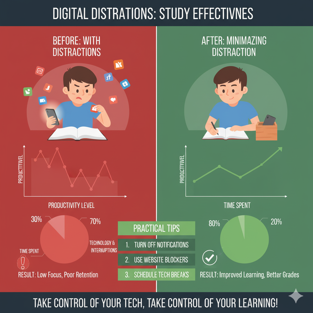 A comparison showing study effectiveness with and without digital distractions, with practical tips for managing technology