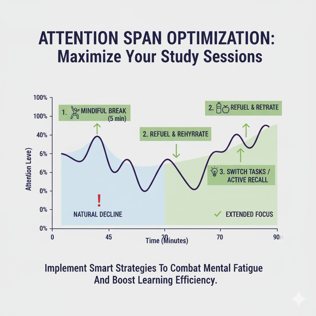 A graph showing attention span over time, with natural peaks and valleys, and strategies placed at key points to extend effective study time